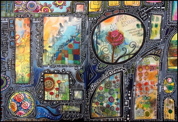 Traveling to Scotland and an easy technique to use watercolors in art journaling, including a black layer which is decorated with color pencils and gel pens