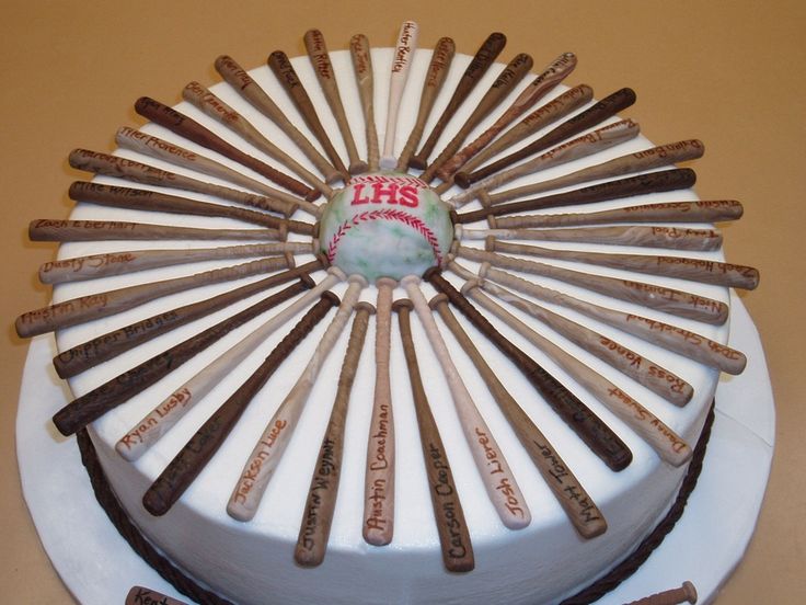 French vanilla 2 layer cake, BC frosting and filling, 42 fondant baseball bats, chocolate fondant rope trim, baseball is made from cakeballs...