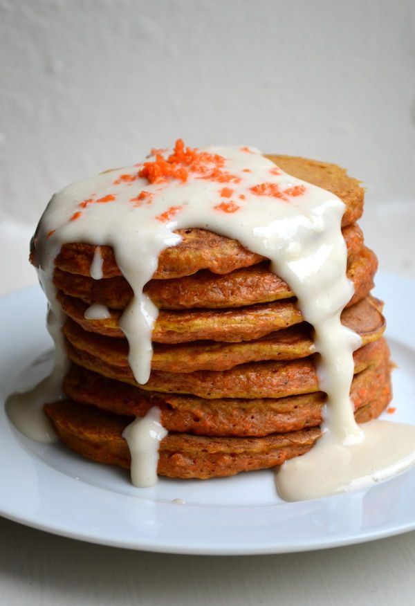 CARROT CAKE PANCAKES. Don’t be fooled; this is probably the healthiest thing you’ll ever eat with the word “cake” in the title. If you are looking for a dessert-y breakfast, however, just pour on some Cream Cheese Syrup. Cream Cheese Syrup? Ok, I’m sold.