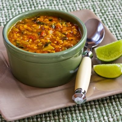 Recipe for Mexican Red Lentil Stew with Lime and Cilantro (Vegan) from Kalyn's Kitchen (This might be my favorite vegan dish out of all the ones I've made!)