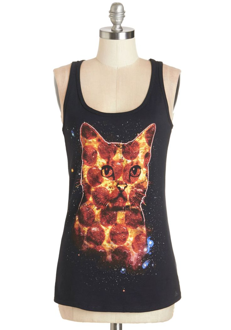 Pizza Pie in the Sky Top. Declare your love for food, felines, and faraway stars by sporting this whimsically eccentric tank top! #black #modcloth