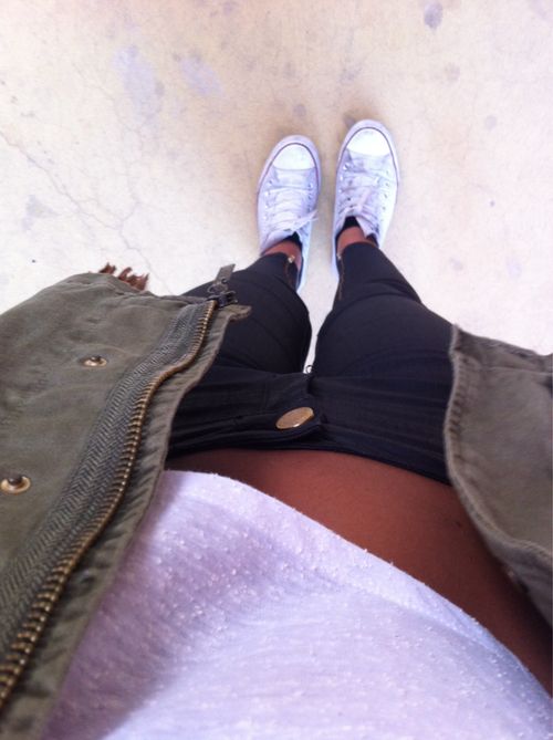 army jacket, cropped tee, denim, converse