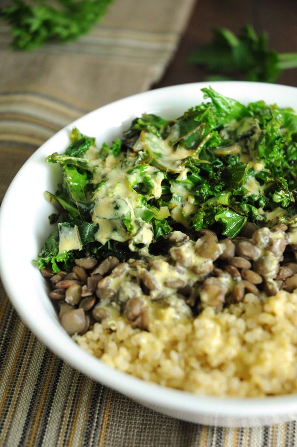 Quinoa, Lentils and Sauteed Greens with a Creamy, Savoury Dressing