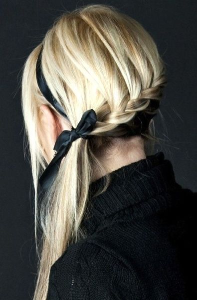 Directions: 1. Start a french braid at the front of your hair towards your forehead, working your way towards the nape of your neck. 2. When desired braid is accomplished, secure with an elastic. 3. Add a headband or ribbon for pony flair. 4. Voila!