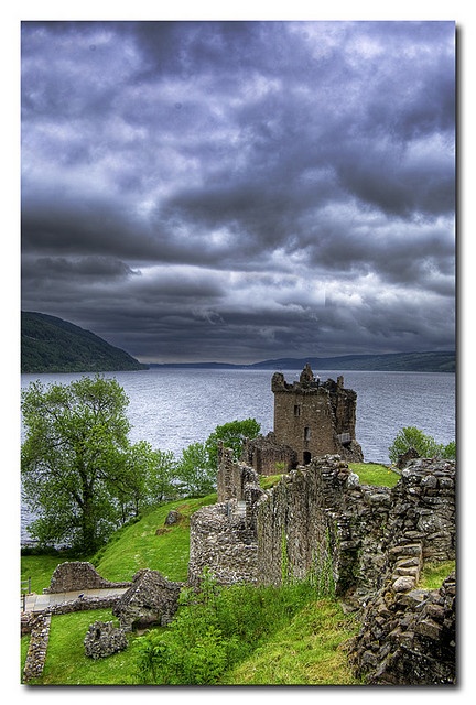 Urquhart Castle overlooking Loch Ness, in Scotland. The castle is 13 miles southwest of Inverness and dates from the 13th to 16th centuries.