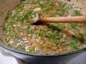 fabulous Lebanese Lentil soup. acquired long ago from a friend who worked in a Lebanese restaurant. It's mine now, because I have worn it out and made it my own.